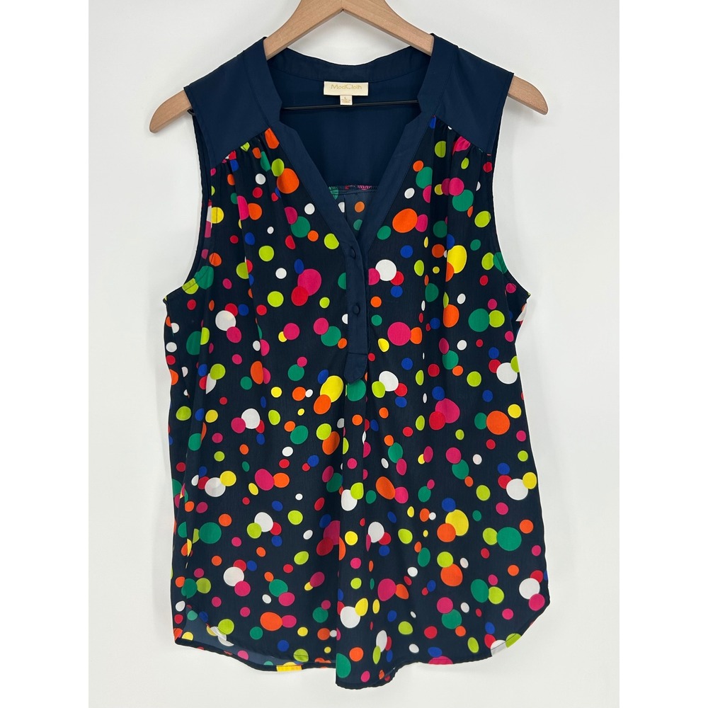 ModCloth Sleeveless Blouse Women's L Navy Multicolor Polka Dot V-Neck Top- artsy